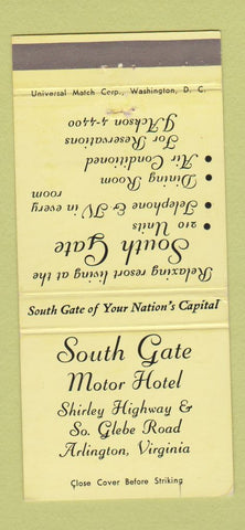 Matchbook Cover - South Gate Motor Hotel Arlington VA 30 Strike