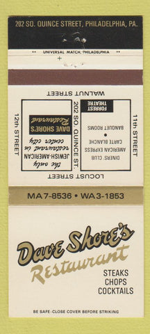 Matchbook Cover - Dave Shore's Restaurant Philadelphia PA 30 Strike