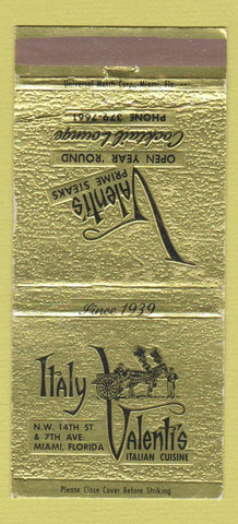 Matchbook Cover - Italy Valenti's Italian Restaurant Miami FL 30 Strike