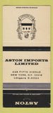 Matchbook Cover - Aston Imports Limited New York City 30 Strike