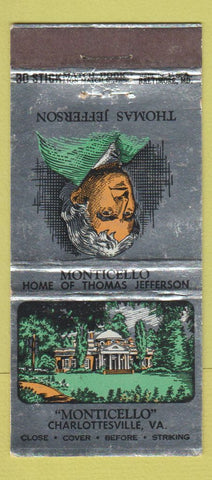 Matchbook Cover - Monticello Thomas Jefferson Charlottesville VA WEAR 30 Stick