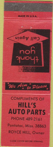 Matchbook Cover - Hill's Auto Parts Pontotoc MS