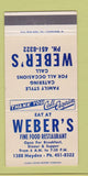 Matchbook Cover - Weber's Fine Food Restaurant  30 Strike