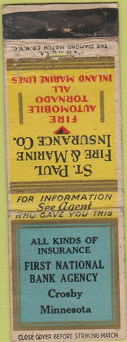 Matchbook Cover - St Paul Insurance First National Bank Crosby MN WORN