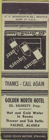Matchbook Cover - Golden North Hotel Valdez AK CREASE