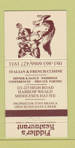 Matchbook Cover - Fiddler's Restaurant Harrow Weald Middlesex 30 Strike