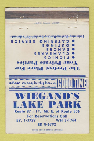 Matchbook Cover - Wiegand's Lake Park  WEAR 40 Strike