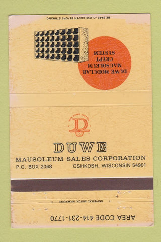 Matchbook Cover - Duwe Mausoleum Sales Oshkosh WI 40 Strike