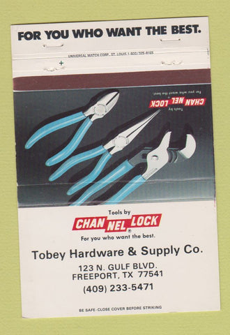 Matchbook Cover - Channel Lock Tobey Hardware Freeport TX 40 Strike