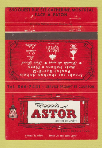 Matchbook Cover - Restaurant Astor Montreal QC 40 Strike