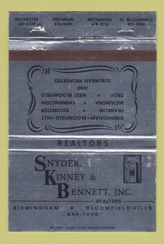 Matchbook Cover Snyder Kinney & Bennett Real Estate Birmingham MI WEAR 40 Strike