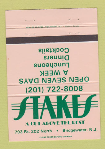 Matchbook Cover - Stakes Restaurant Bridgewater NJ 40 Strike