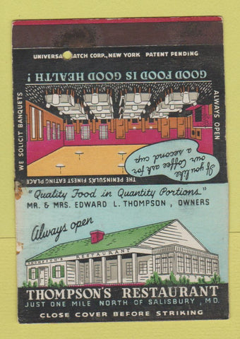 Matchbook Cover - Thompson's Restaurant Salisbury MD SAMPLE WEAR 40 Strike