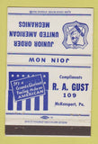 Matchbook Cover - Junior Order United American Mechanics McKeesport PA 40 Strike