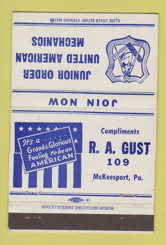 Matchbook Cover - Junior Order United American Mechanics McKeesport PA 40 Strike