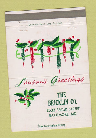 Matchbook Cover - Bricklin Company Baltimore MD Christmas 40 Strike