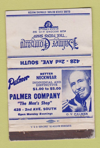 Matchbook Cover - Palmer Men's Clothes Minneapolis MN WORN 40 Strike