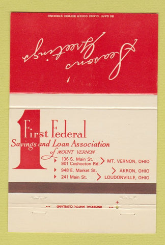 Matchbook Cover - First Federal Savings Loan Mount Vernon OH Akron 40 Strike