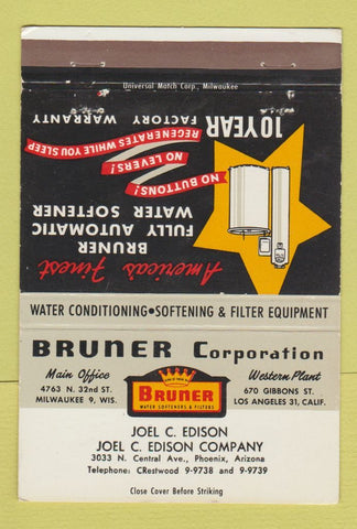 Matchbook Cover - Bruner Corp Water Softeners Phoenix AZ 40 Strike