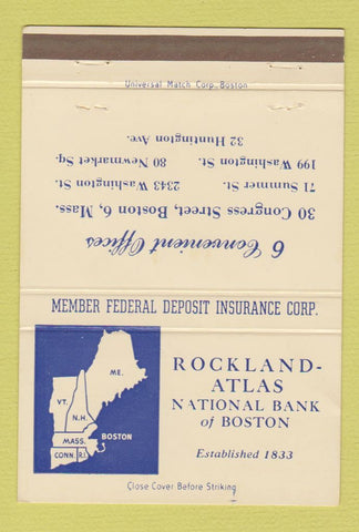 Matchbook Cover - Rockland Atlas National Bank Boston MA WEAR 40 Strike
