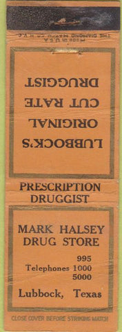 Matchbook Cover - Mark Halsey Drug Store Lubbock TX WORN