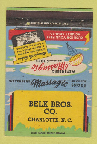 Matchbook Cover - Weyenberg Massagic Shoes Belk Bros Charlotte NC 40 Strike