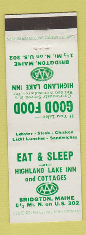 Matchbook Cover - Highland Lake Inn Cottages Bridgton ME