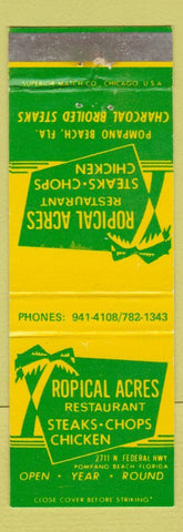 Matchbook Cover - Tropical Acres Restaurant Pompano Beach FL