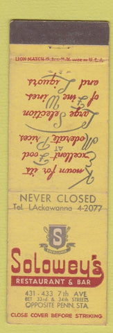 Matchbook Cover - Solowey's Restaurant Bar New York City