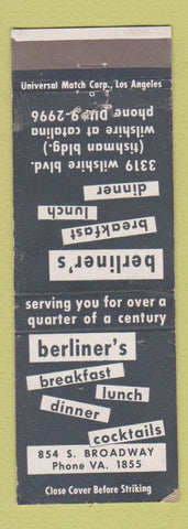 Matchbook Cover - Berliner's Restaurant Los Angeles CA WEAR