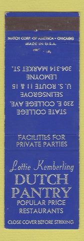 Matchbook Cover - Kemberling Dutch Pantry Lemoyne Selinsgrove State College PA