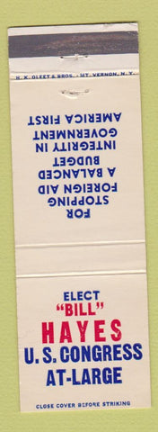 Matchbook Cover - Bill Hayes US Congress Election