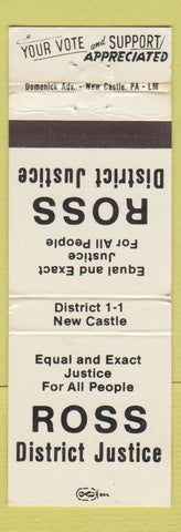 Matchbook Cover - Ross District Justice Election New Castle PA