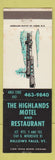 Matchbook Cover - Highlands Motel Restaurant Bellows Falls VT