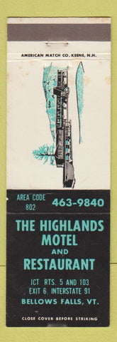 Matchbook Cover - Highlands Motel Restaurant Bellows Falls VT