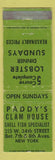 Matchbook Cover - Paddy's Clam House New York City WORN