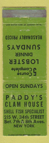 Matchbook Cover - Paddy's Clam House New York City WORN