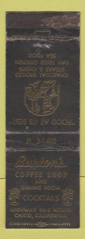 Matchbook Cover - Burton's Coffee Shop Chico CA WORN