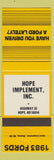 Matchbook Cover - 1983 Ford Hope Implement Hope ND