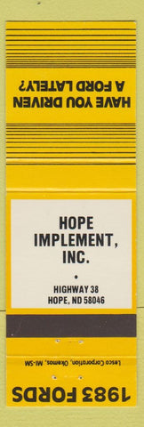 Matchbook Cover - 1983 Ford Hope Implement Hope ND
