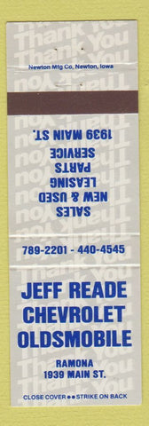 Matchbook Cover - Jeff Reade Chevrolet Oldsmobile Ramona CA