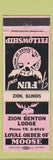 Matchbook Cover - Moose Lodge Zion IL WEAR