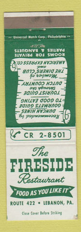 Matchbook Cover - Fireside Restaurant Lebanon PA WEAR