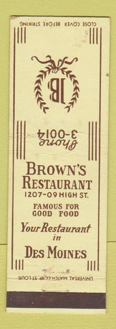 Matchbook Cover - Brown's Restaurant Des Moines IA WEAR