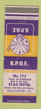 Matchbook Cover - Elks Lodge Stag Hotel Williamsport PA