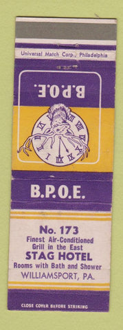 Matchbook Cover - Elks Lodge Stag Hotel Williamsport PA