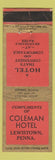 Matchbook Cover - Coleman Hotel Lewistown PA WORN