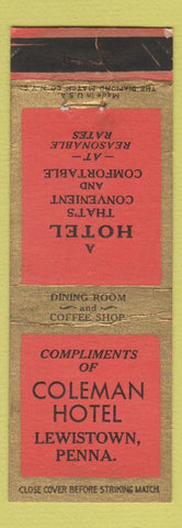 Matchbook Cover - Coleman Hotel Lewistown PA WORN