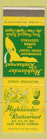 Matchbook Cover - Highlander Restaurant Lake Wales FL