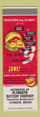 Matchbook Cover - Plymouth Battery Company Plymouth IN Equa Flow Exaust